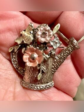 Vintage Premier Designs Silver-Tone Watering Can Brooch with Pink Flowers